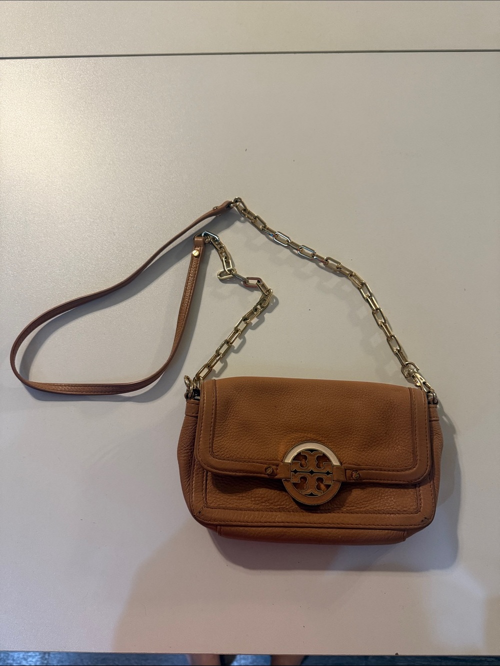 Tory Burch Tan Leather Crossbody with Gold-Tone Logo